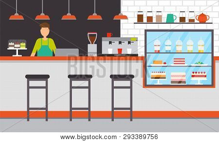 Barista Of Coffeehouse With Proposition For Clients Vector. Man Wearing Apron, Toppings And Desserts