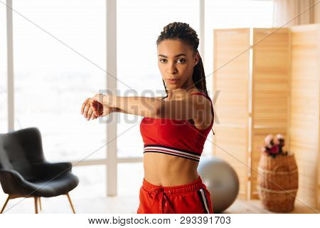 Fit Woman With Nice Body Doing Tabata At Home In The Morning