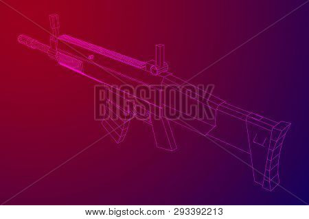 Assault Rifle, Automatic Fire Rifle Model Wireframe Low Poly Mesh Vector Illustration