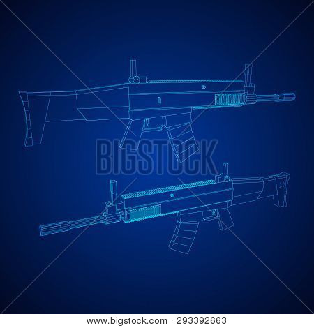Assault Rifle, Automatic Fire Rifle Model Wireframe Low Poly Mesh Vector Illustration