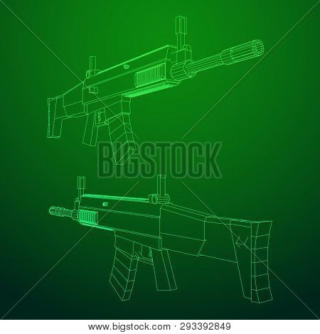 Assault Rifle, Automatic Fire Rifle Model Wireframe Low Poly Mesh Vector Illustration