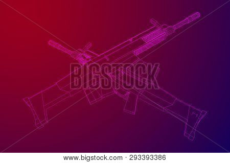 Assault Rifle, Automatic Fire Rifle Model Wireframe Low Poly Mesh Vector Illustration