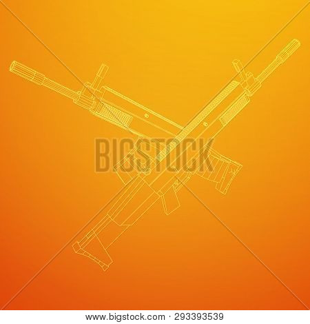Assault Rifle, Automatic Fire Rifle Model Wireframe Low Poly Mesh Vector Illustration