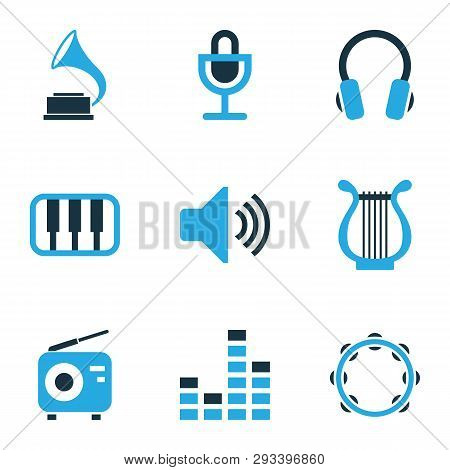 Multimedia Icons Colored Set With Sound, Lyre, Timbrel And Other Headset Elements. Isolated  Illustr