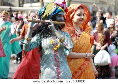 Ukraine, Odessa - April 1, 2019 Hare Krishna Members Sing And Dance During A Festive Procession Dedi