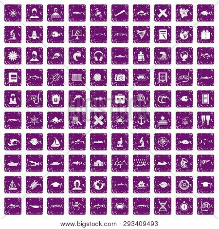 100 Oceanologist Icons Set In Grunge Style Purple Color Isolated On White Background Illustration