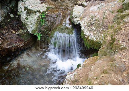 A Small Waterfall On A Mountain Stream Of Rhodes Island.