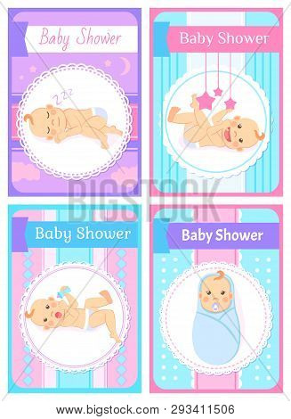 Baby Shower Vector, Set Of Children Newborn Kids Playing With Stars Toys Flat Style. Sleeping Child,