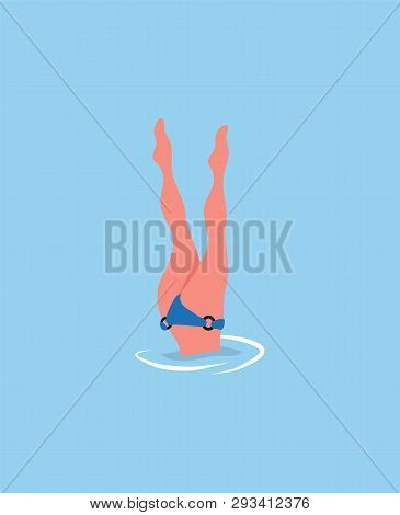 Woman Diving Legs Up, Diver In Bikini Suit Isolated In Blue Sea Waters. Vector Girl Snorkeling, Beau