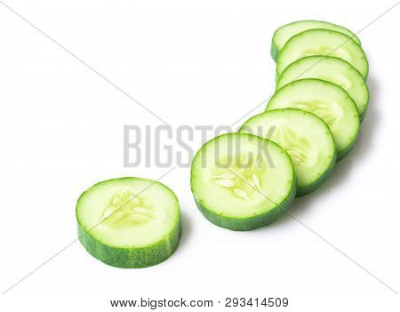 Closeup Cucumber Sliced On White Background, Food And Vegetable Concept