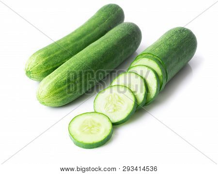 Closeup Cucumber Sliced On White Background, Food And Vegetable Concept