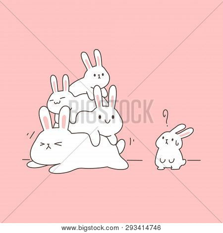 Kawaii Funny Bunny Family Lie Over Each Other, Simple And Clean Vector Illustration