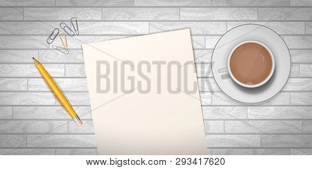 Wooden Table With Cup Of Coffee And Empty Document Template