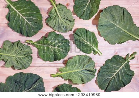 Rastan ( Collard Greens, Collards ) - Popular Leafy Vegetables In Balkan Cuisine. White Rustic Backg