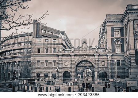 Sweden, Stockholm - January 05, 2015: Parliament Of Sweden, Riksdag, View Of The Arch