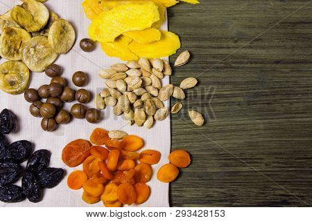Mixed Dried Fruits. Symbols Of The Jewish Holiday Tu Bishvat. Figs, Dried Apricots, Prunes, Nuts, Al