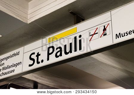 Hamburg, Germany - February 15, 2019: St. Pauli Sign Of U-bahn Line U3 (ring Line).