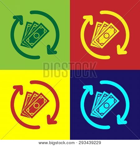 Color Refund Money Icon Isolated On Color Backgrounds. Financial Services, Cash Back Concept, Money 