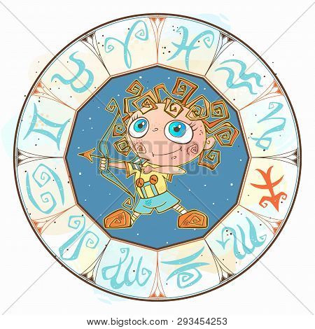 Horoscope For Children Sign Saggitarius In The Zodiac Circle. Vector.