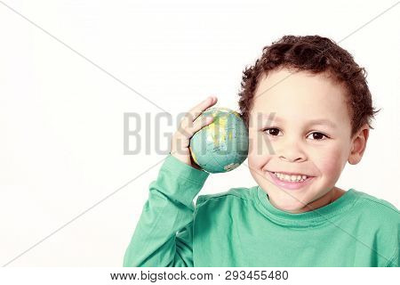 Little Boy With Globe In His Hand With White Background Stock Photo