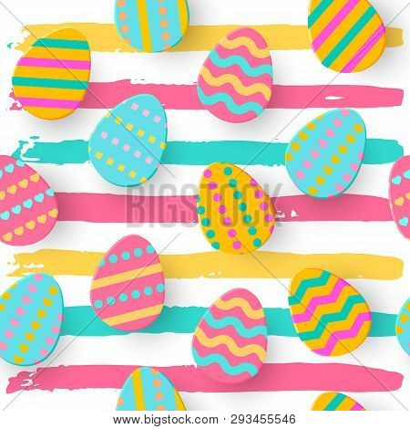 Seamless Pattern Of Easter Egg Paper Cut Style. Cute Layered Eggs Hunt Greeting Card. Geometric Holi