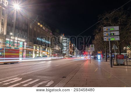 Hamburg, Germany - February 15, 2019:  Jungfernstieg Street At Night.