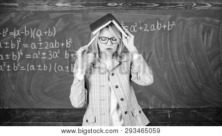 Woman Teacher With Book As Roof On Head. Memorizing Method. Train Memory Every Day. Effective Method