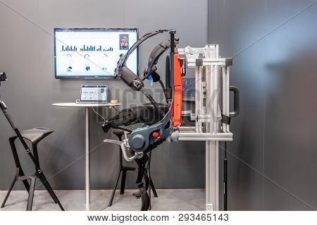 Hannover , Germany - April 02 2019 : German Bionic Presents First Robot Exoskeleton For The Industri