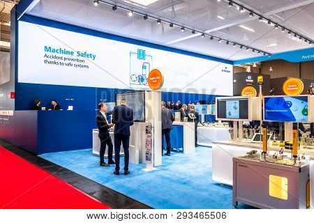 Hannover , Germany - April 02 2019 : Emerson Is Displaying Continuous Innovation At The Hannover Mes