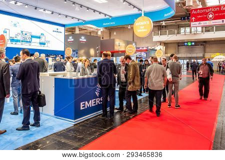 Hannover , Germany - April 02 2019 : Emerson Is Displaying Continuous Innovation At The Hannover Mes