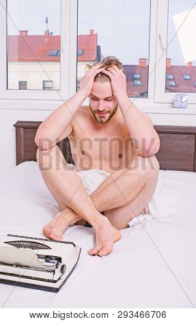 Writer Tired Desperate Author Used Old Typewriter. Man Writer Sit Bedclothes Work Book. Need Some Fr