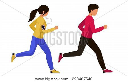 A Guy With A Girl In Tracksuits Went For A Run. A Couple Of A Man And A Woman Doing Sports Together.
