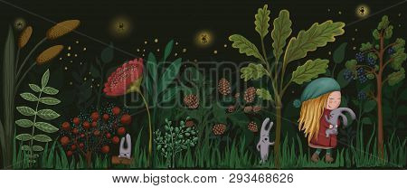Girl With Hares In A Fairy Forest
