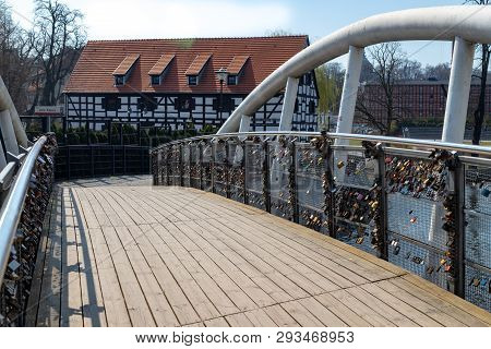 Bydgoszcz, Kujawsko-pomorskie / Poland - April, 4, 2019: Bridge Of Lovers Over The River In Central