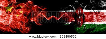 China Vs Kenya, Kenyan Smoke Flags Placed Side By Side. Thick Colored Silky Smoke Flags Of Chinese A