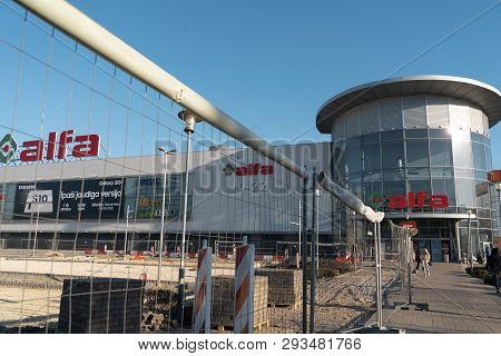 Riga, Latvia - April 4, 2019: Alfa Shopping Centre Re Construction - Additional Builing Coming Soon