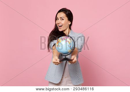 Portrait Of Cheerful Charming Young Woman In Striped Jacket Holding Earth World Globe Isolated On Pi