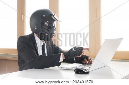 Ai Artificial Intelligence Businessman Concept Command Or Order Laptop Or Computer Wear Glove. Ai Ar