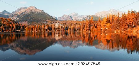 Panorama of mountain lake Strbske pleso (Strbske lake) in autumn time, Slovakia