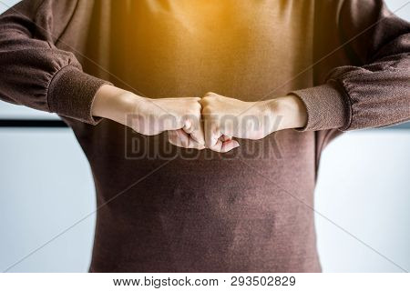 Hands Of Woman Show Strength Teamwork,fist Bump And Putting Her Hand For Successful