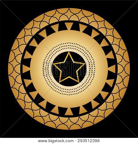 Ornament From Circles And Patterns On A Black Background With A Gold Five-pointed Star In The Center