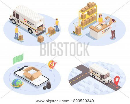 Delivery Logistics Shipment Set Of Four Isometric Images With Colourful Icons Pictograms Human Chara