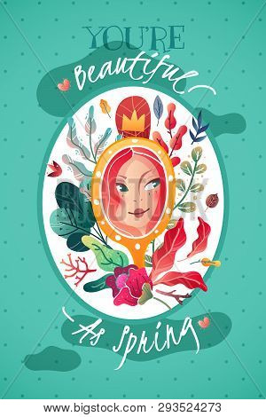 Decorative Vertical Poster Postcard Dedicated To Spring And Female Beauty.