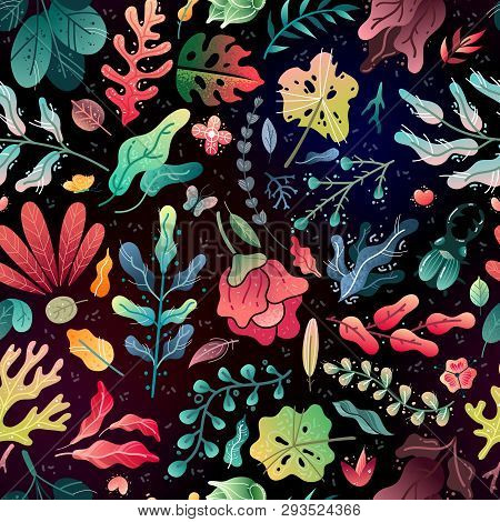 Spring Summer Decorative Seamless Pattern. Seamless Pattern Bright Flowers Branches And Leaves On Bl