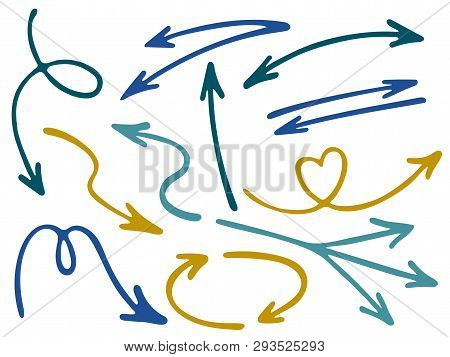 Hand Drawn Diagram Arrow Icons Vector Set. Up Down Pencil Sketch Arrows, Right And Left Side Pointer