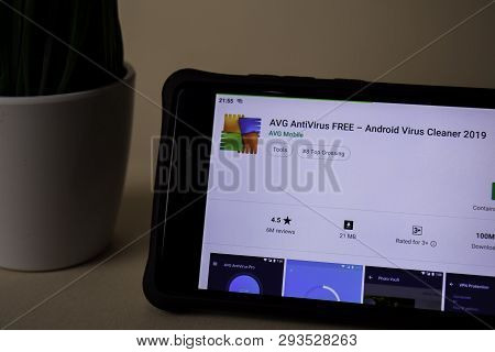 Bekasi, West Java, Indonesia. April 5, 2019 : Avg Antivirus Free Dev Application On Smartphone Scree
