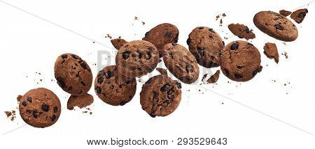Falling Broken Chocolate Chip Cookies Isolated On White Background With Clipping Path