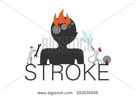 Brain Stroke Word Concept Banner. Cerebral Infarction Metaphor. Cartoon Firefighter And Mechanic Rep