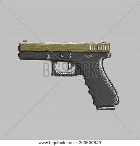 9mm Semi-automatic Hand Drawn Pistol. Modern Firearm Vector Illustration.