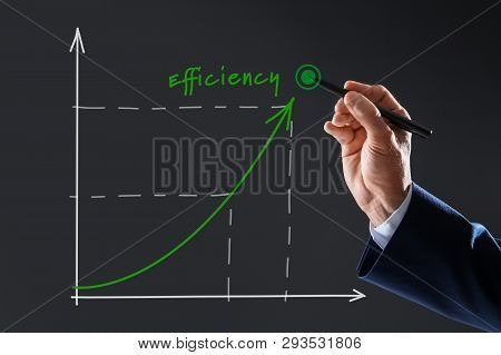 Businessman Drawing Efficiency Graph On Virtual Screen Against Dark Background, Closeup